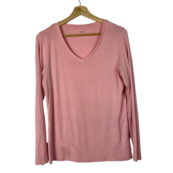 Uniqlo Light Pink V-Neck Long Sleeve T-Shirt L - Picture 1 of 3